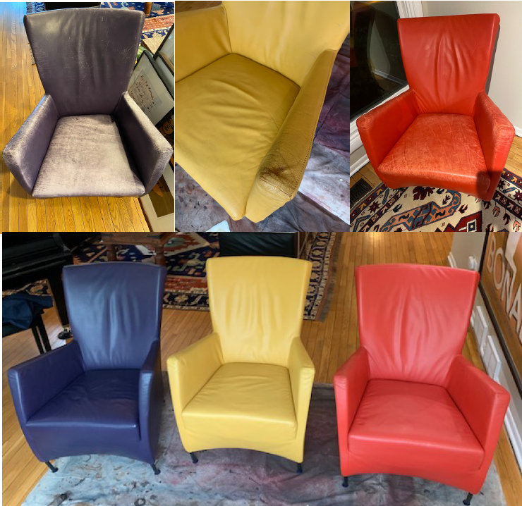 Three worn accent chairs restored in purple, yellow, and red