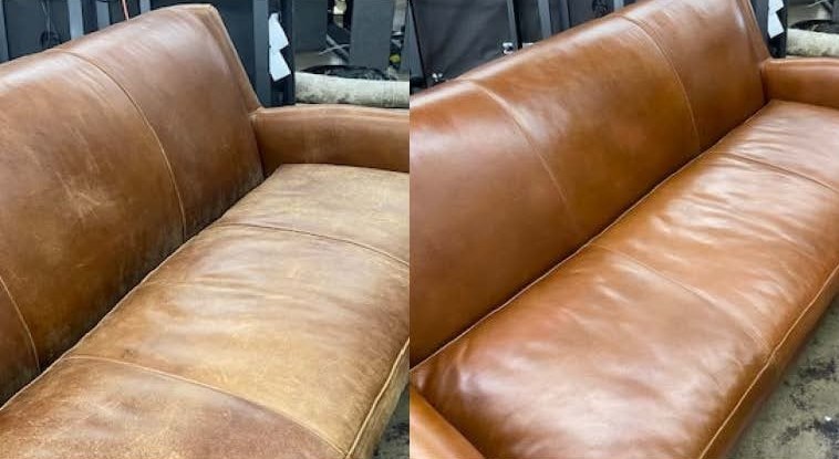 Cognac leather sofa restored to like-new condition