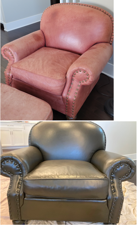 Faded pink leather club chair recolored deep charcoal