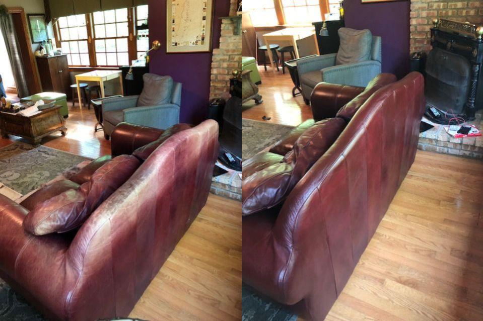 Burgundy leather sofa color refresh and reconditioning