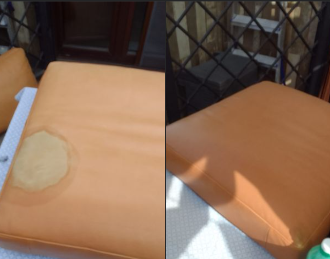 Tan leather cushion with stain removed and color restored